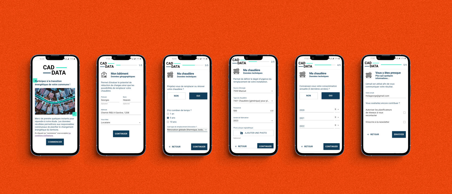 A screenshot of 6 screens of a mobile app, Cadata